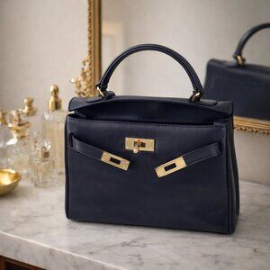 Vintage Susan Gail Navy Leather Handbag Made in Spain Bellido Structured Handle